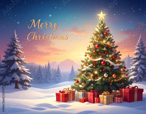 A serene winter scene with a decorated Christmas tree surrounded by gifts and snow-covered trees at sunset