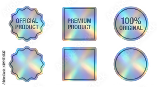 Holographic sticker set with official product labels, iridescent foil security seals, shiny rainbow metallic badges for packaging and authenticity isolated on Transparent Background