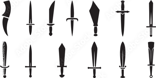 Photography dagger and sword weapon icons set .Silhouette vector illustration