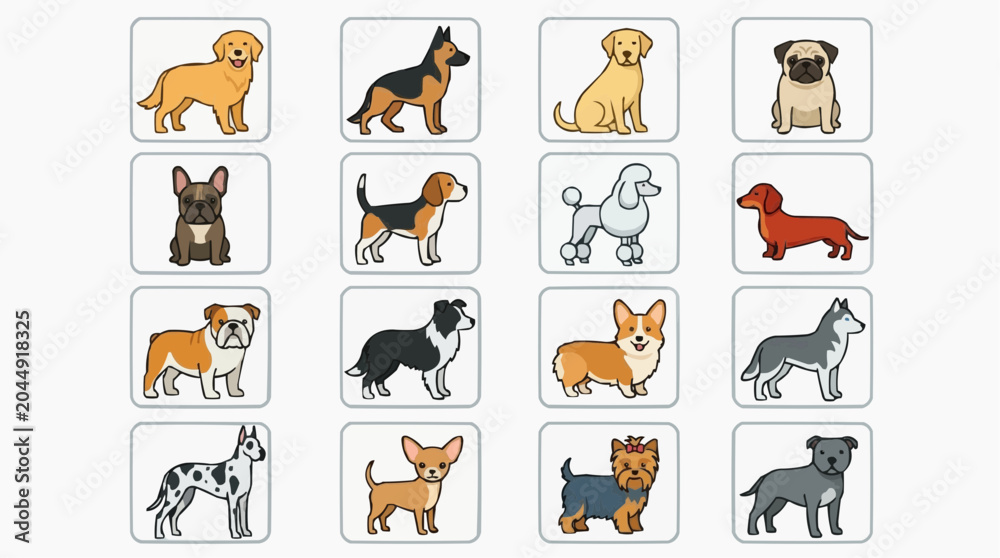 Fototapeta premium Collection of 16 popular dog breeds in square icons with french bulldog