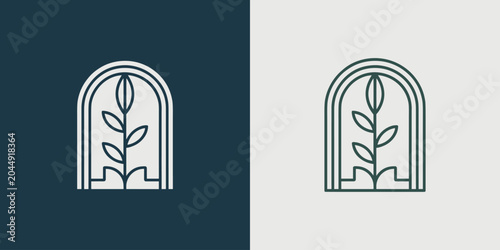 Obraz na płótnie Minimalist botanical logo design featuring a plant inside an archway frame