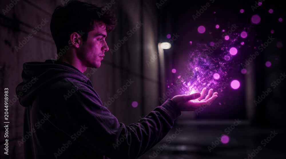 Fototapeta premium Magic, energy and man with hand for mystery, glowing power and purple fantasy. Urban, dark and mysterious with wizard, special effects and supernatural for creative, hoodie, light spell and neon aura