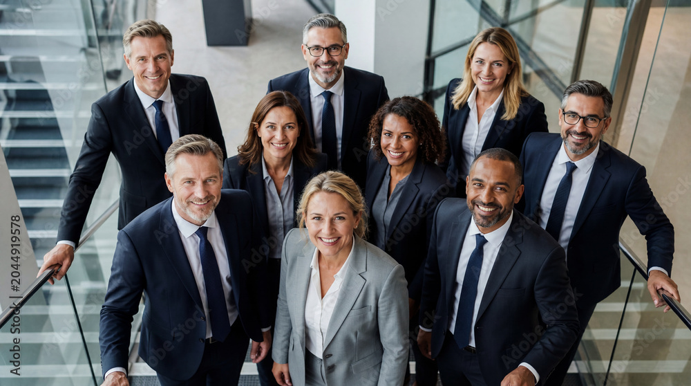 Obraz premium Business group, professional and team in office with staircase for networking, corporate unity and career vision. Diverse people, executive and leadership with meeting, suit and workplace success