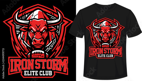 Φωτογραφία Aggressive red bull head with circuitry design and text iron storm elite club on