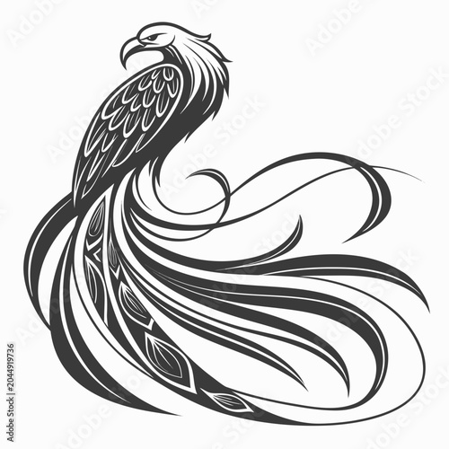 Foto Stylized mythical phoenix bird illustration with ornate flowing tail feathers my