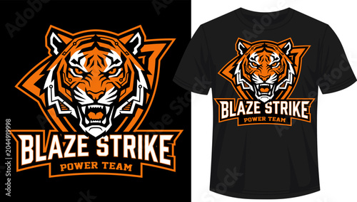 Photos Angry tiger head vector emblem with text, aggressive feline face with sharp teet