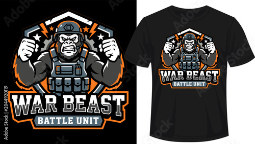 Canvas Print Fierce gorilla wearing tactical vest and helmet with fists raised in aggressive