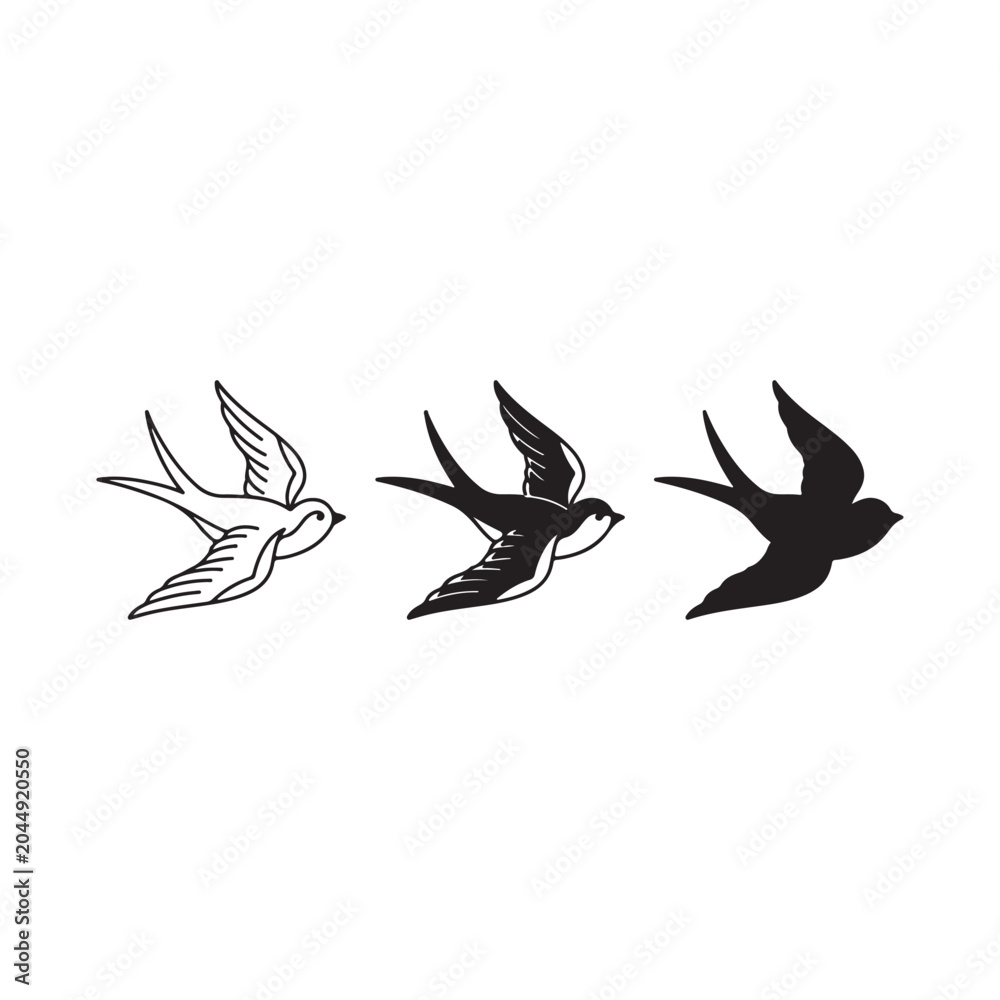 Fototapeta premium Set of swallow bird silhouettes in different styles