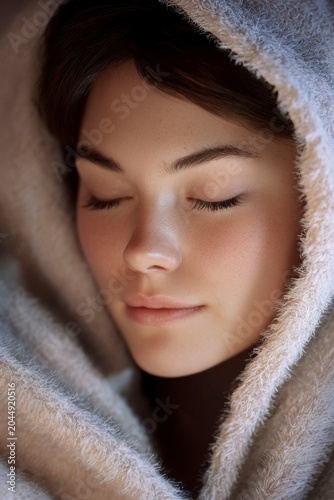 a beautiful woman sleeping in bed, covered with a blanket