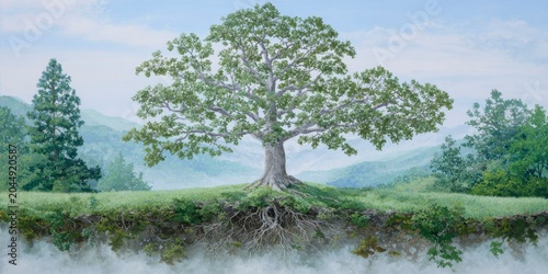 a large oak tree with roots underground and grass on the ground, with trees in the background