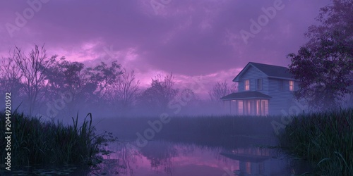 a house with glowing light inside, a purple sky, a foggy, swampy night, the reflection of water