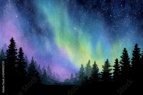 a watercolor painting of the northern lights, with vibrant colors and stars in a night sky, silhouettes of pine trees below.