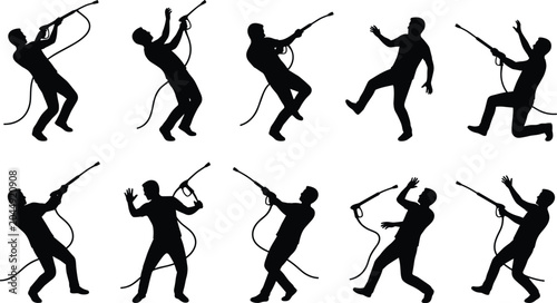 Fotografi Silhouettes set of workers having accidents with high pressure washers, concept