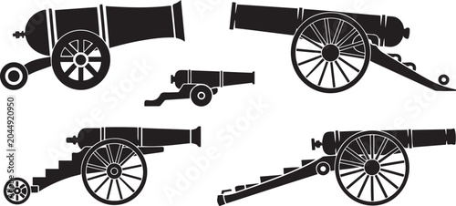 Foto Set of cannon silhouette white background vector