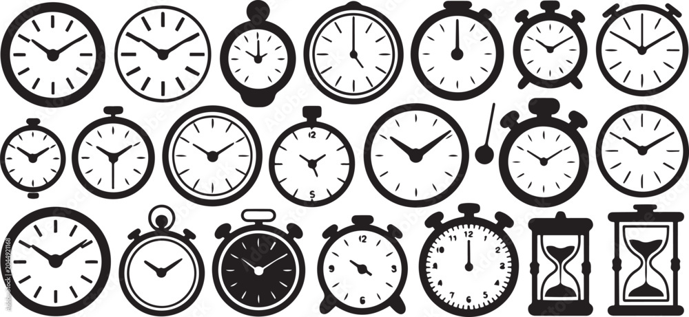 Fototapeta premium set of different clock icons on a white background Silhouette vector illustration