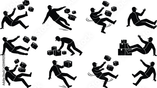 Bild auf Leinwand Silhouettes set of delivery workers falling down with cardboard boxes, concept o