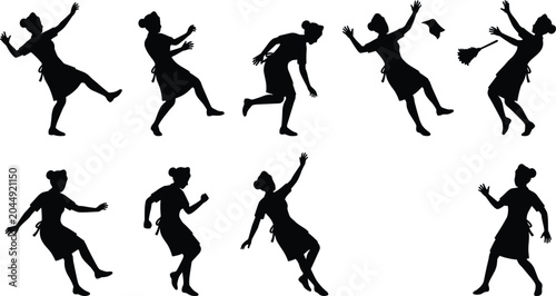 Billede på lærred Silhouettes set of maids and cleaning workers slipping and falling, concept of d