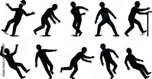 Fotografía Silhouettes set of construction workers falling and slipping, concept of industr