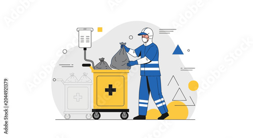 Healthcare worker in protective gear disposing of medical waste in a hospital setting.