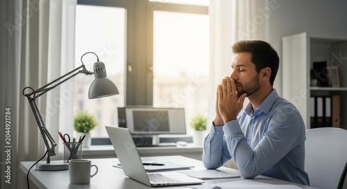 Stressed businessman sitting at office desk with eyes closed taking a deep breath to relieve work pressure and practice mindfulness