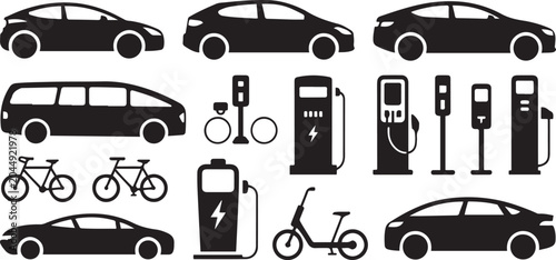 Foto Transportation set featuring electric vehicles and charging equipment icons for sustainable mobility and power
