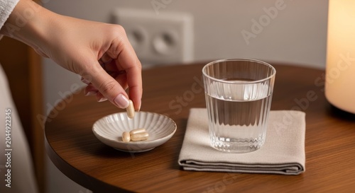 Woman taking capsule supplement with glass of water for evening routine. Healthy habit of magnesium intake. Nighttime wellness concept for relaxing before sleep at bedroom table.