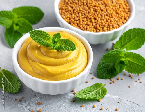A small white bowl of yellow sauce garnished with a mint leaf sits beside a bowl of brown seeds on a gray surface