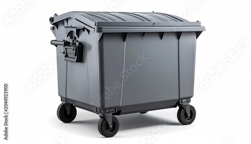 Large, wheeled, lidded trash receptacle, gray, on a white background