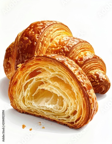 Golden, flaky croissants, one sliced, revealing airy layers