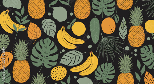 Modern tropical fruit pattern featuring stylized pineapples, bananas, and citrus with green leaves on a black background.