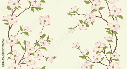 Delicate seamless floral pattern of pink dogwood blossoms on thin branches with green leaves on a cream background.