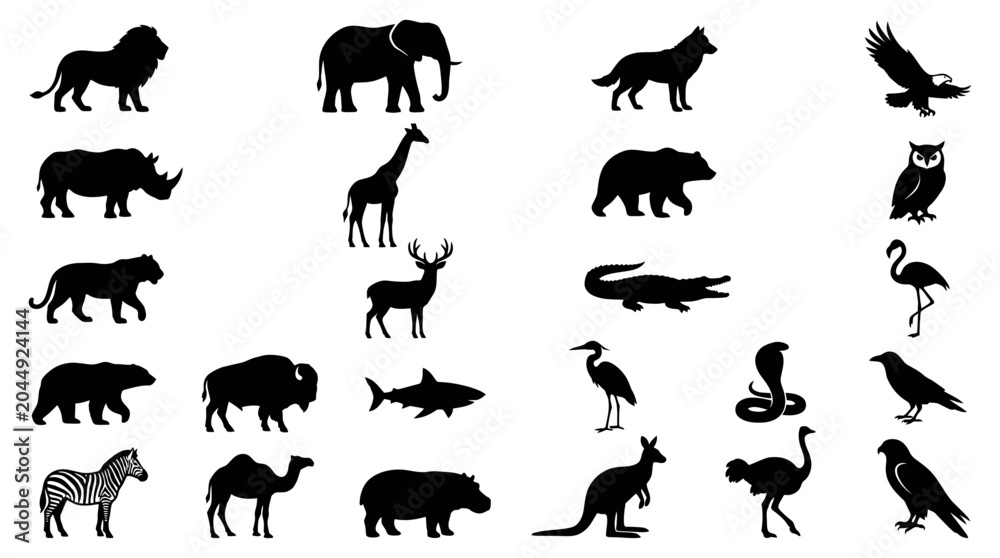 Obraz premium Collection of Various Animal Silhouettes on White Background for Diverse Design Applications