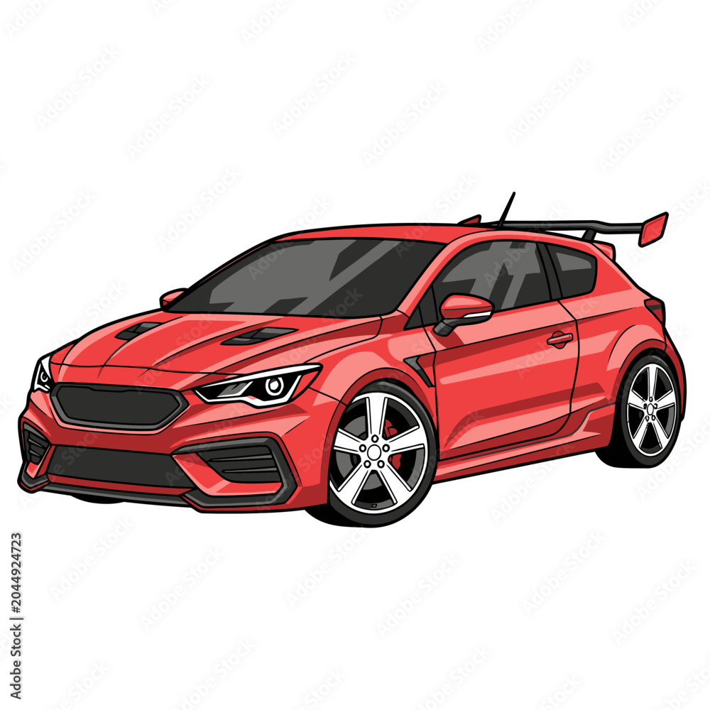 Naklejka premium Red Sporty Hatchback Car with Spoiler