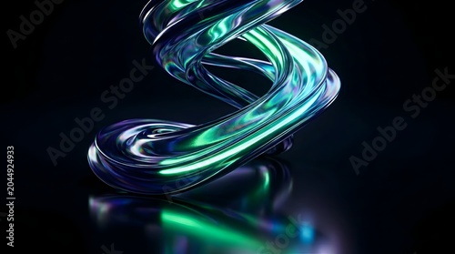  Abstract metallic ribbon sculpture with glowing blue and green light on black background
