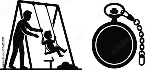Tableau sur toile Clock Icon with Chain and Ring, Minimalist Flat Vector Illustration in Bold Blac