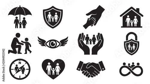 Diverse family and community protection icons symbolizing security care unity and safeguarding including shield hands house and umbrella motifs for a secure future