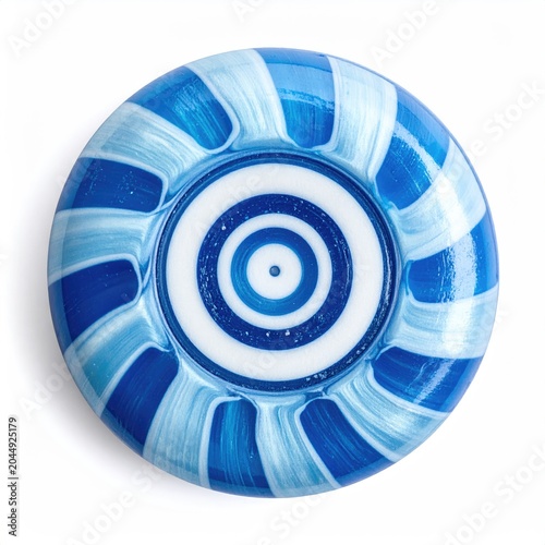 Swirled blue and white hard candy with concentric circular patterns