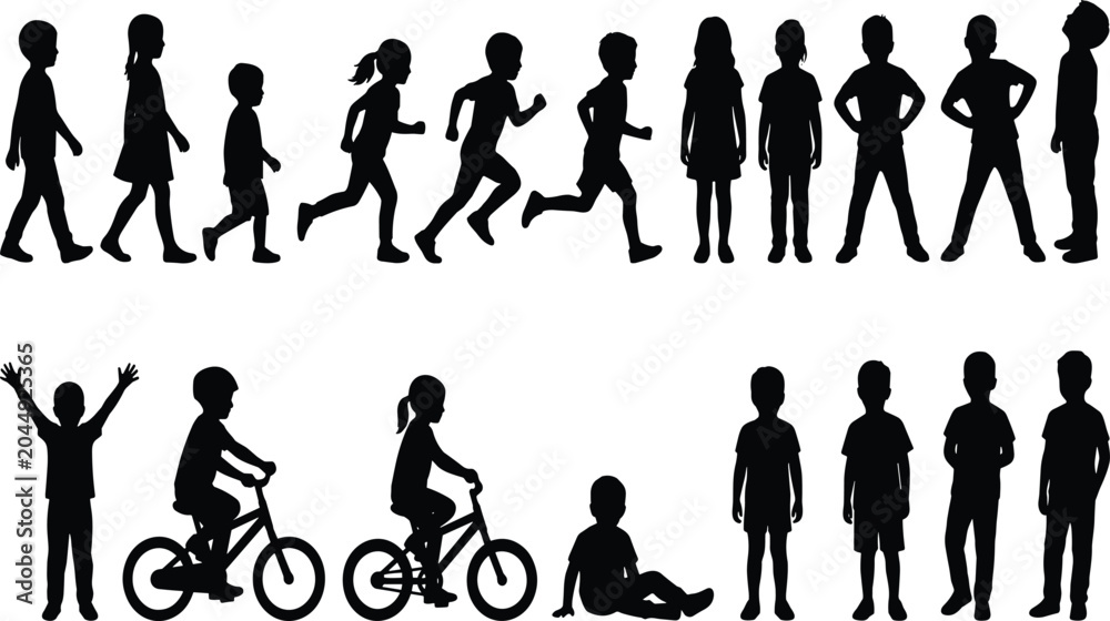 Obraz premium Large set of children silhouettes featuring boys and girls running walking riding bicycles and standing in diverse active poses isolated on white background