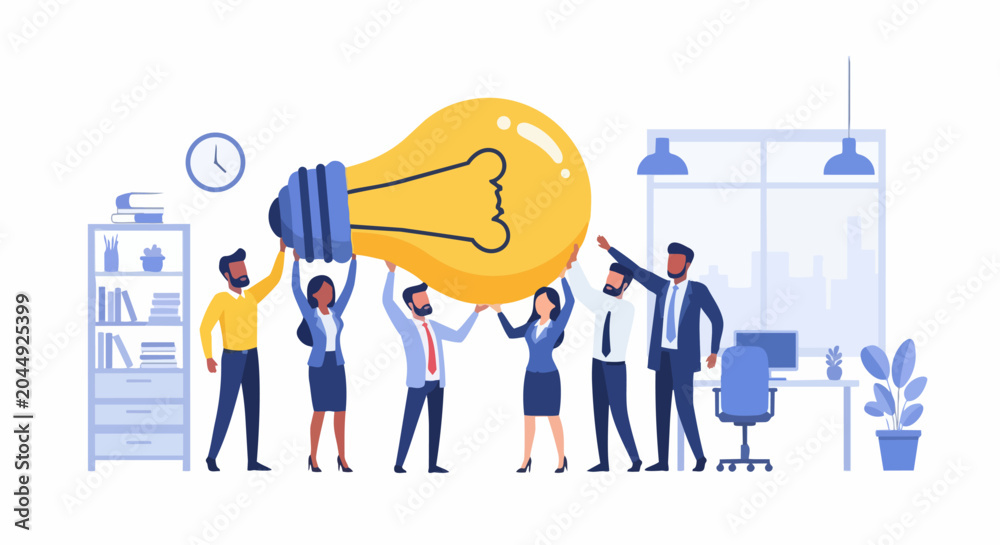 Obraz premium Business Team Collaboration and Brainstorming Concept for Creative Idea and Innovation. Diverse Office Workers Holding Giant Lightbulb Together for Project Success.