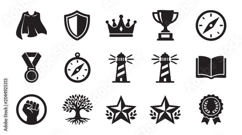 Collection of black silhouette icons including medals trophies lighthouses compass crown shield book tree stars and a ribbon suitable for awards navigation and achievement themes