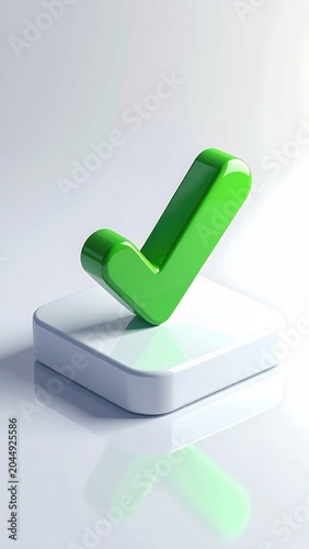 3D rendered green checkmark on a white rounded square base, clean background