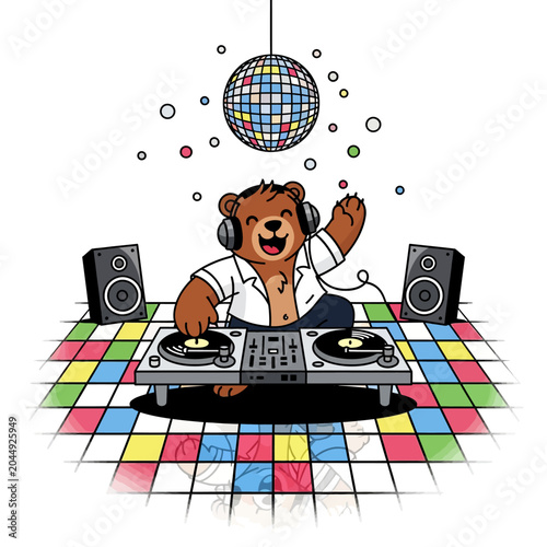 Cartoon bear dj playing records music at dance party