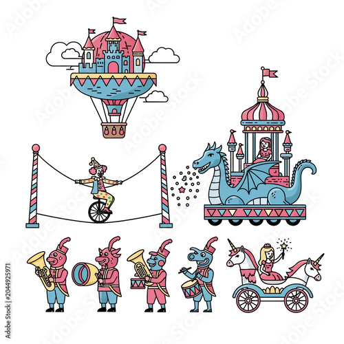 Cartoon Circus Parade Elements: Float, Castle, Balloon, Performers