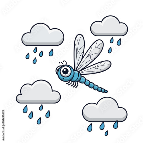 Cartoon dragonfly flying in the rain with clouds, spring, weather concept