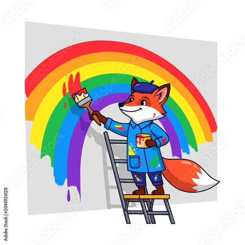 Cartoon fox artist painting the colorful rainbow illustration