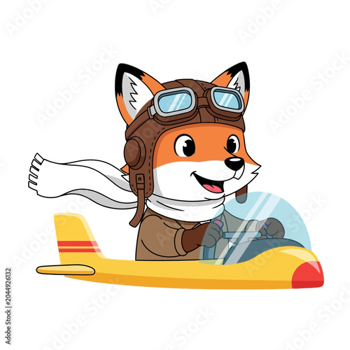 Cartoon fox pilot flying retro plane isolated on white background