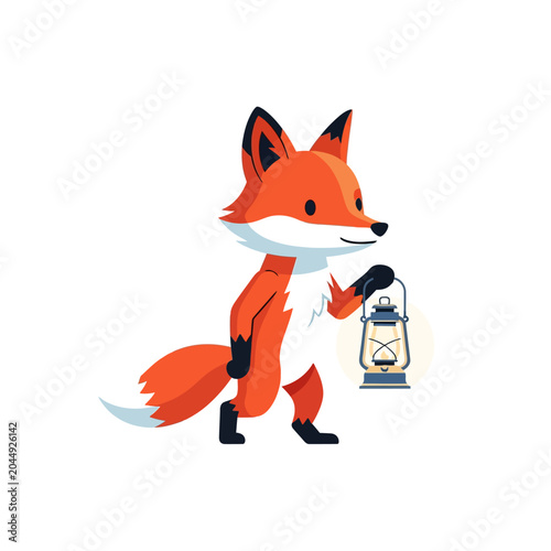Cartoon fox holding lantern illustration on white background