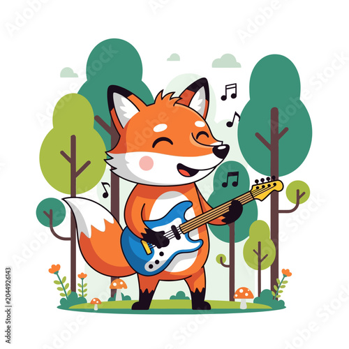 Cartoon Fox Playing Electric Guitar in Forest