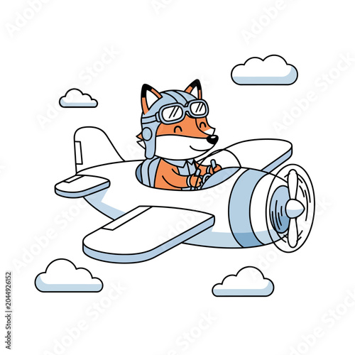 Cartoon fox pilot flying airplane through fluffy clouds