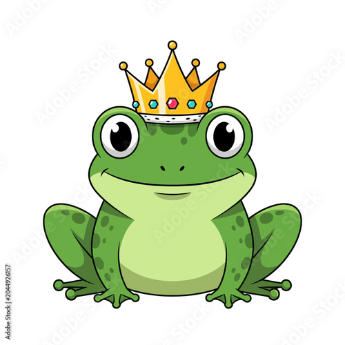 Cartoon Frog King with Crown on White Background